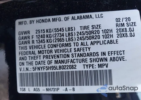 2020 Honda Pilot 2Wd Touring 8 Passenger from USA, damaged, VIN 5FNYF5H95LB022082